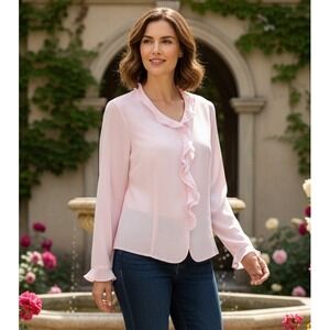 Pendleton Women's Ruffle Front Long Sleeve Blouse Top Size 10 Pink Career Office